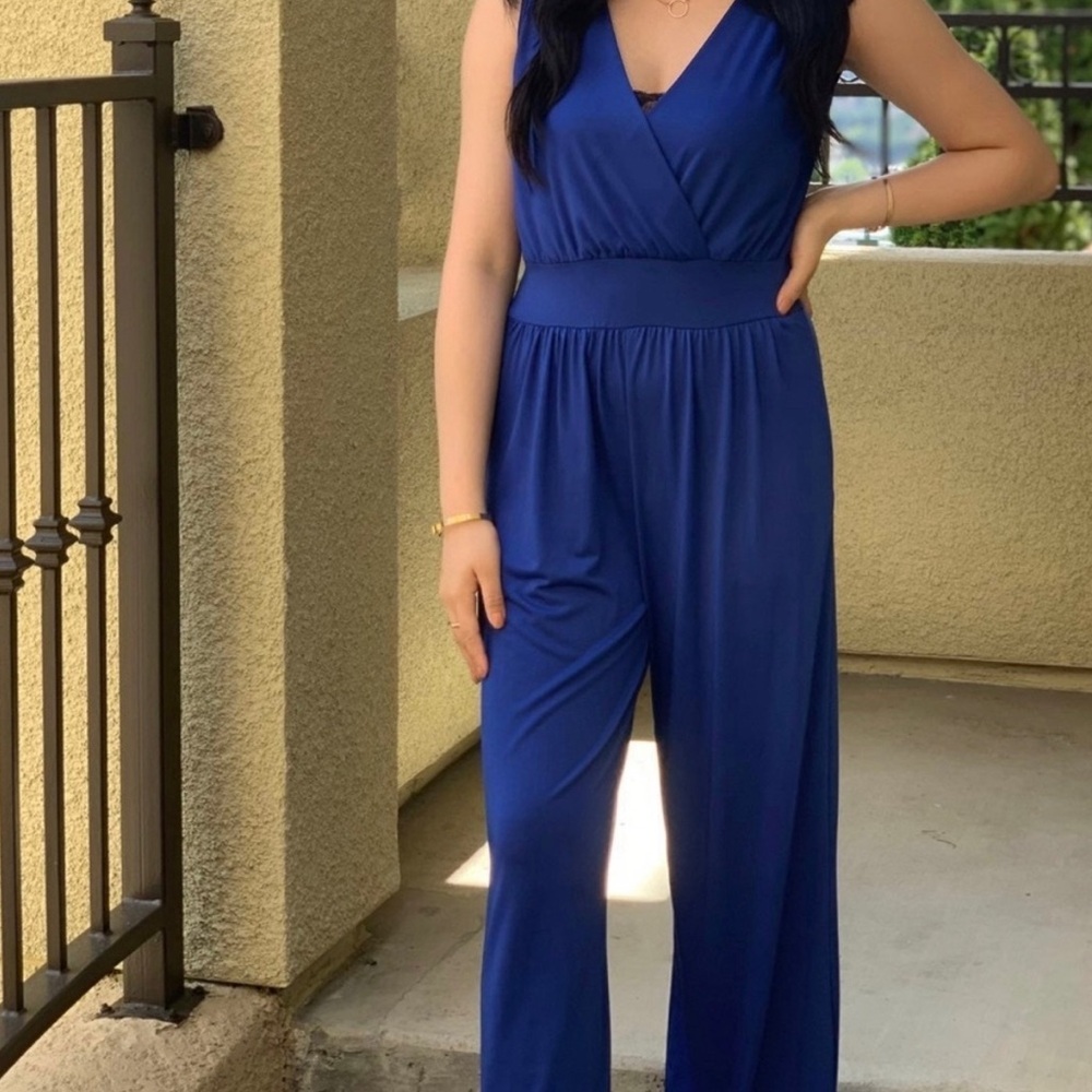 SHEIN Solid Blue Surplice Neckline Jumpsuit Romper Size Medium